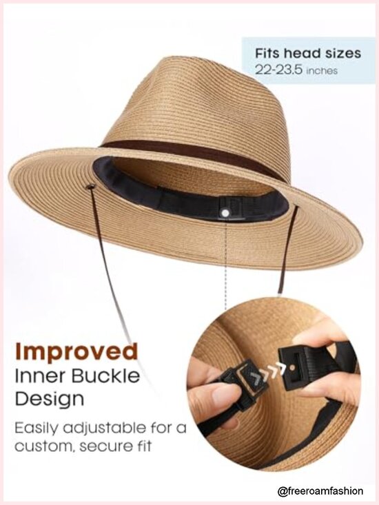 Womens Sun Hat Straw Beach UPF 80+ Wide Brim Panama Fedora with Wind Lanyard main image 5